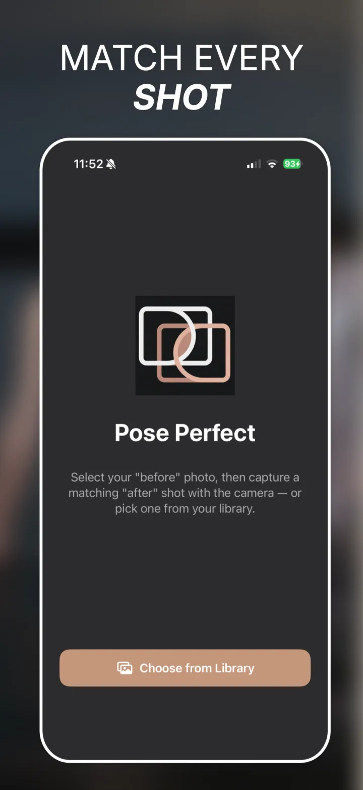 Pose Perfect Pro home screen with the app logo and a Choose from Library button for picking the before photo.